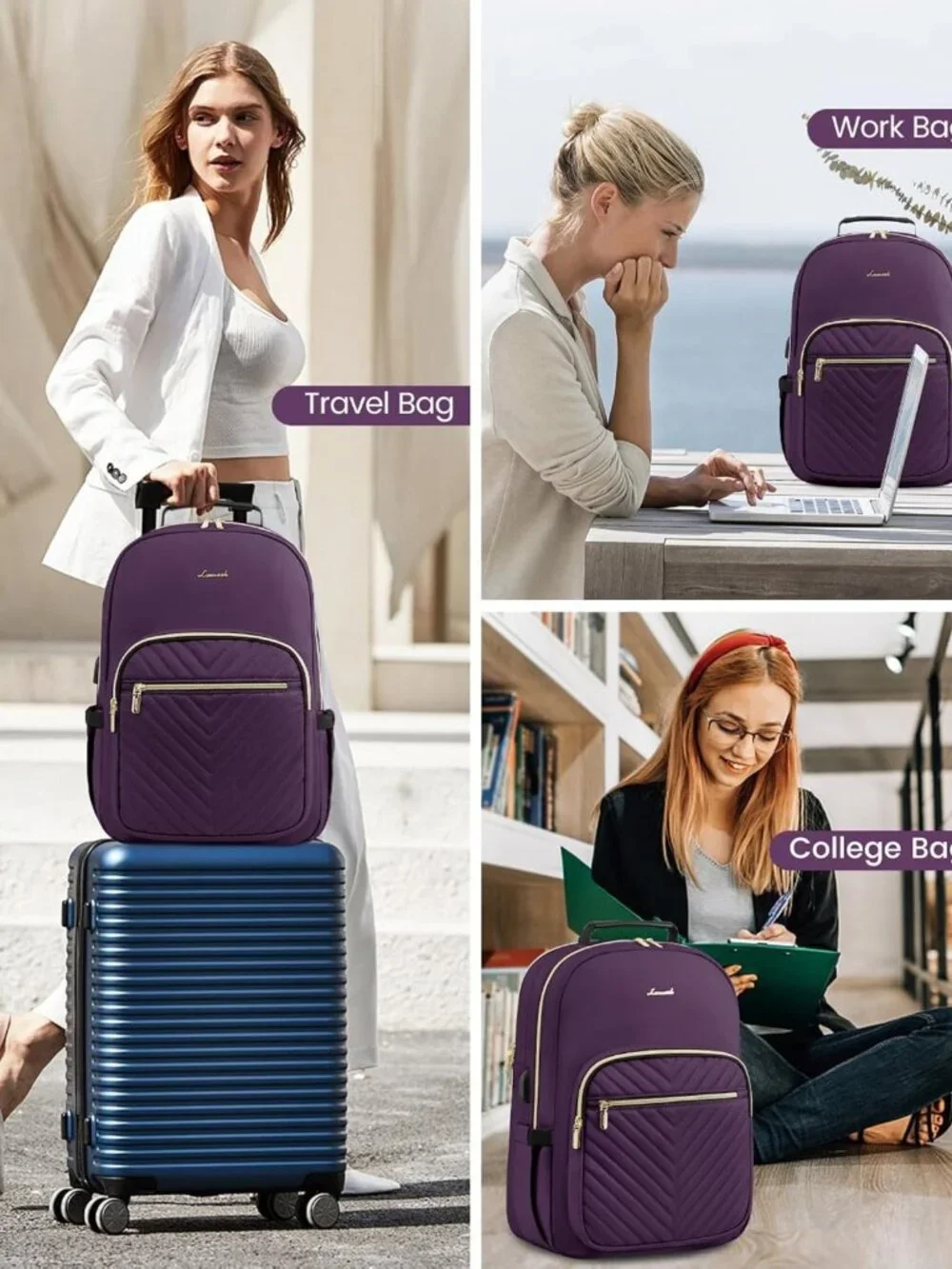 Stylish Quilted Laptop Backpack Purse for Women, Travel & School Bag with USB